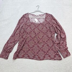 LOFT Blouse Womens Medium Burgundy Floral Medallion Print Square Neck Boho